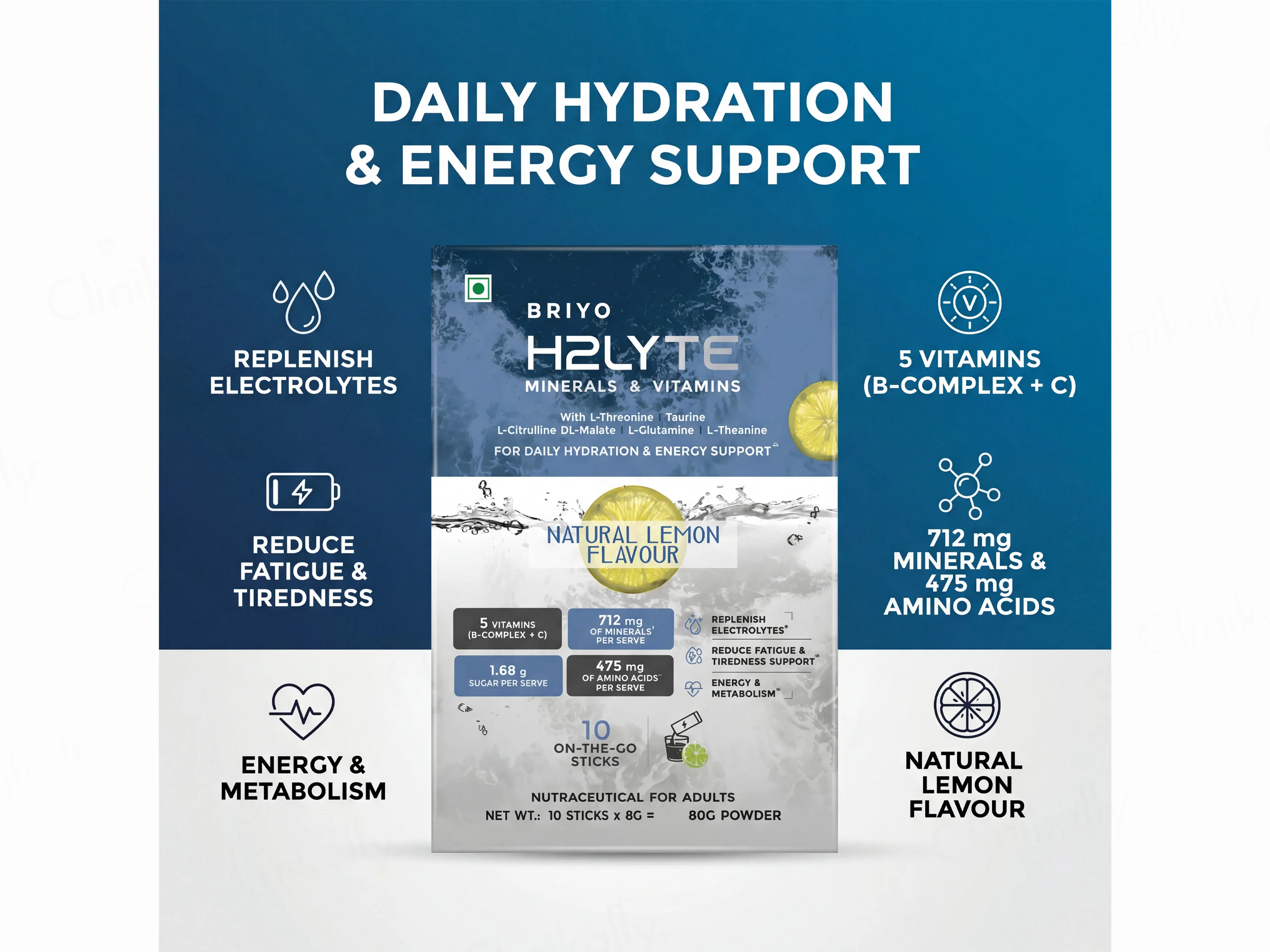 Briyo H2Lyte Minerals & Vitamins Daily Hydration Nutraceutical Powder - Natural Lemon Flavour - Image 2