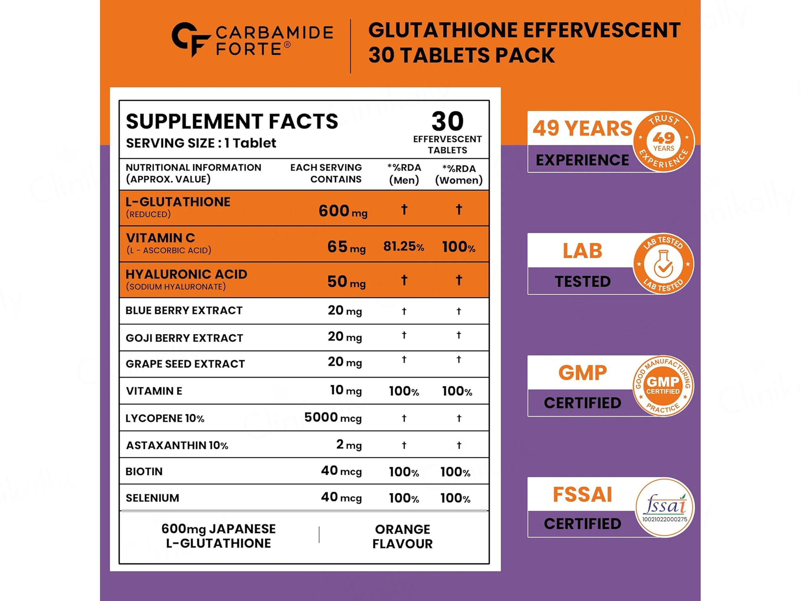 Carbamide Forte L-Glutathione Reduced + Hyaluronic Acid Effervescent Tablet - Orange Flavour - Image 12