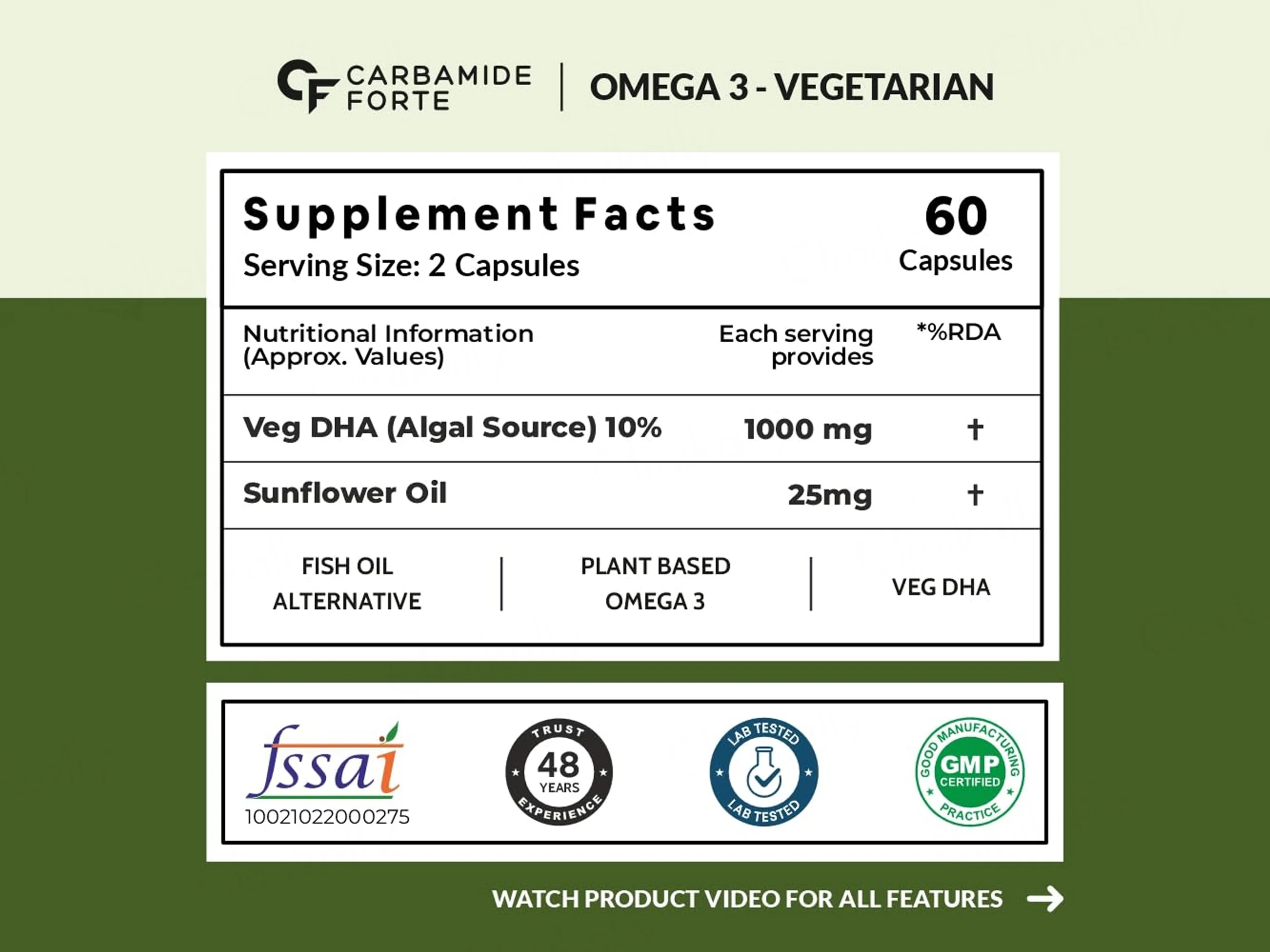 Carbamide Forte Vegetarian Omega-3 1000mg With Algal DHA 10% Liquid Filled Capsule - Image 3