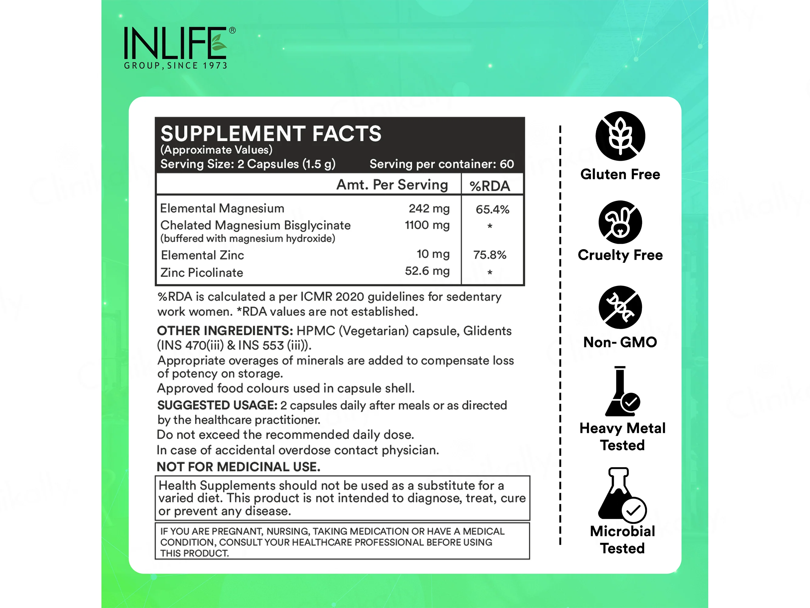 Inlife High Absorption Magnesium Glycinate 1100mg Vegetarian Capsule - Image 3