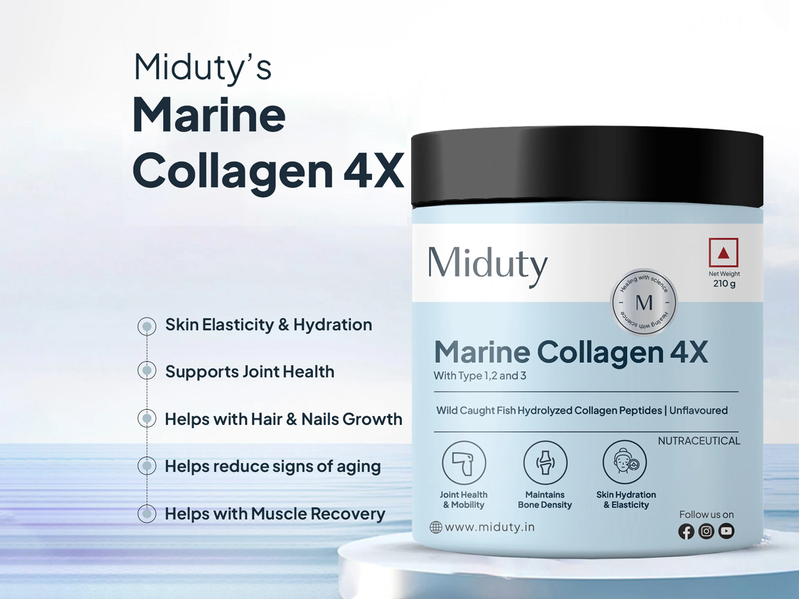 Miduty Type 1, 2 & 3 Hydrolyzed Marine Collagen 4X Peptides Powder - Unflavoured - Image 3