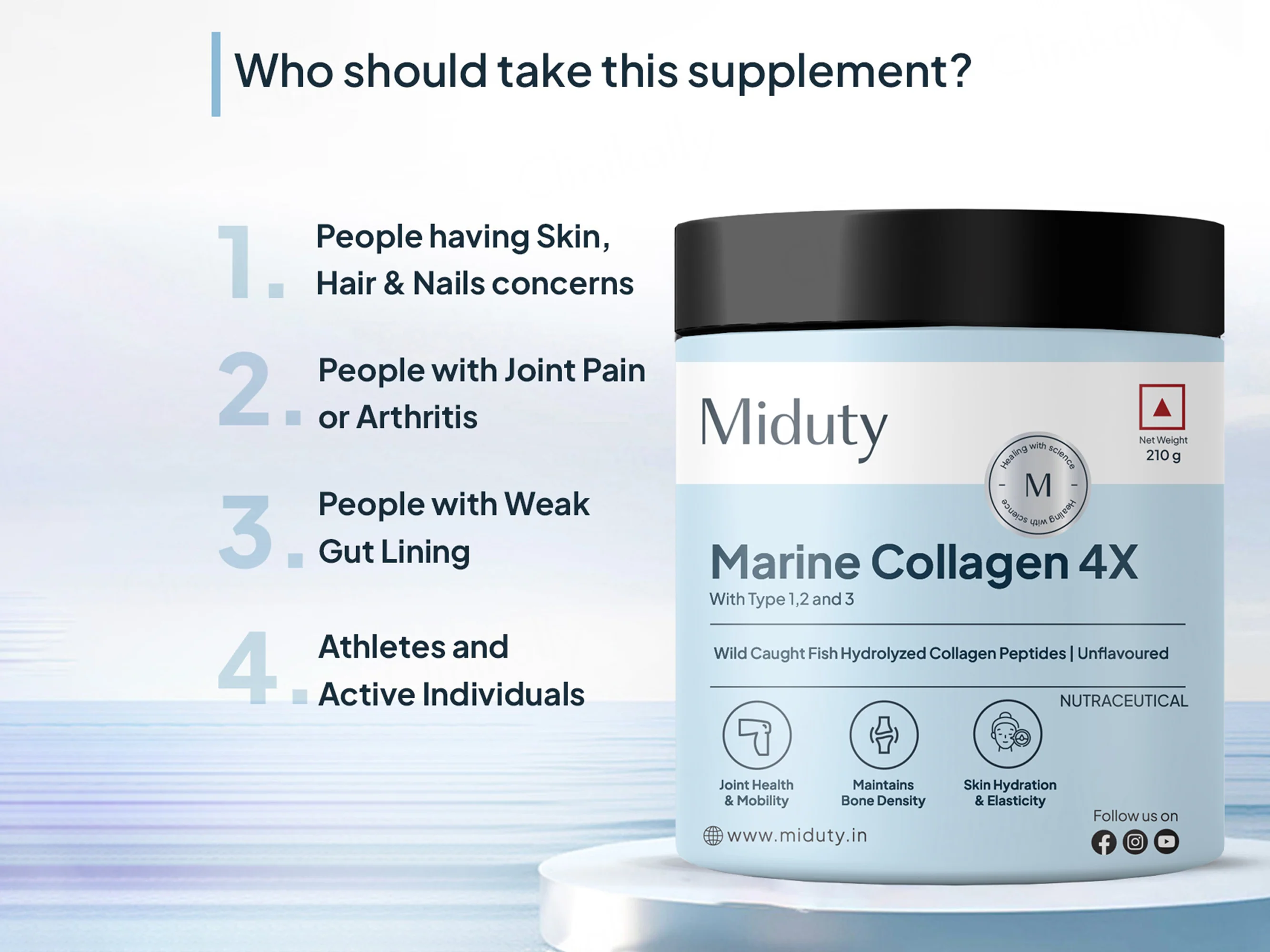 Miduty Type 1, 2 & 3 Hydrolyzed Marine Collagen 4X Peptides Powder - Unflavoured - Image 5