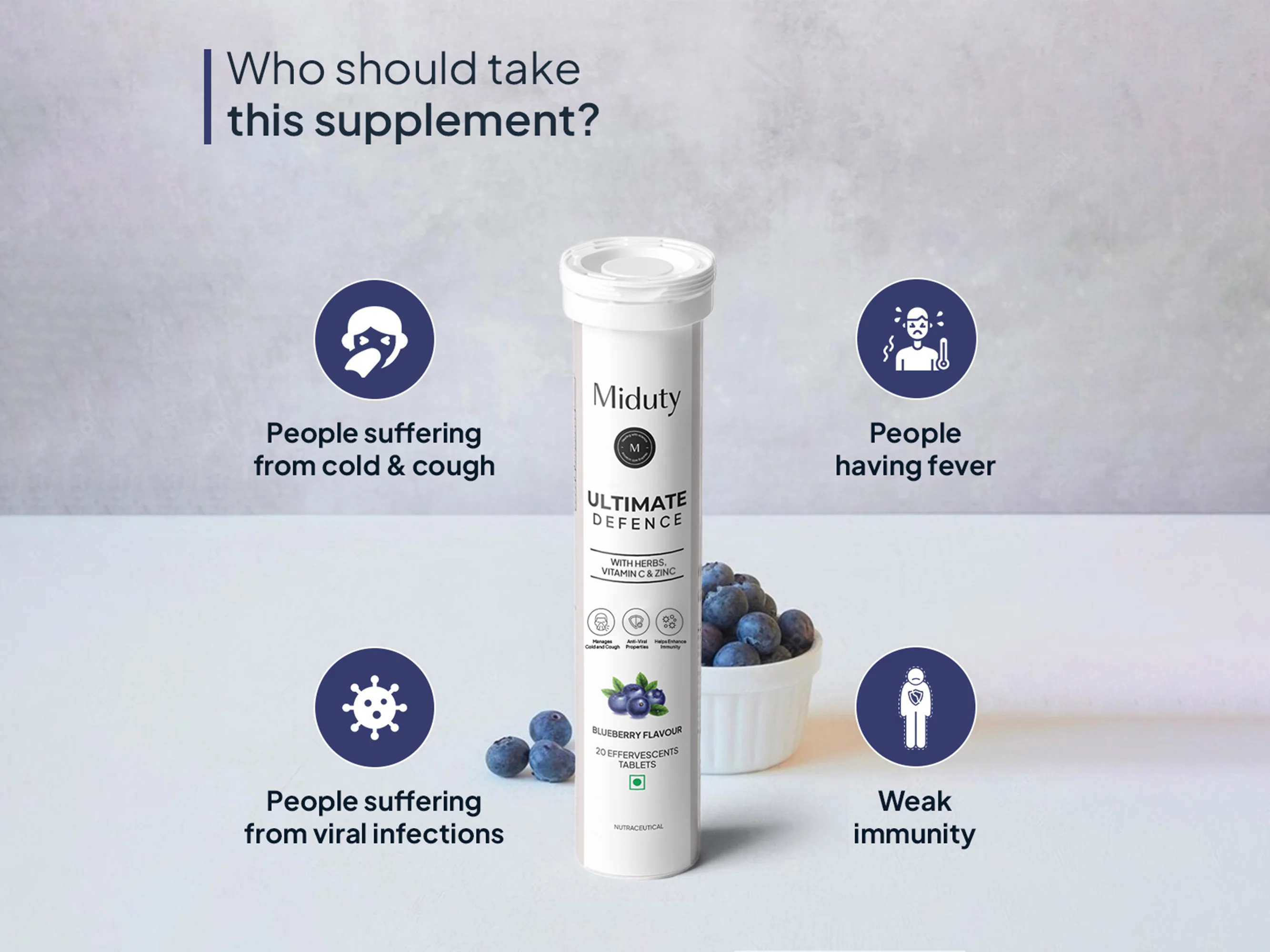 Miduty Ultimate Defence With Zinc, Vitamin C & Herbs Effervescent Tablet - Blueberry Flavour - Image 4