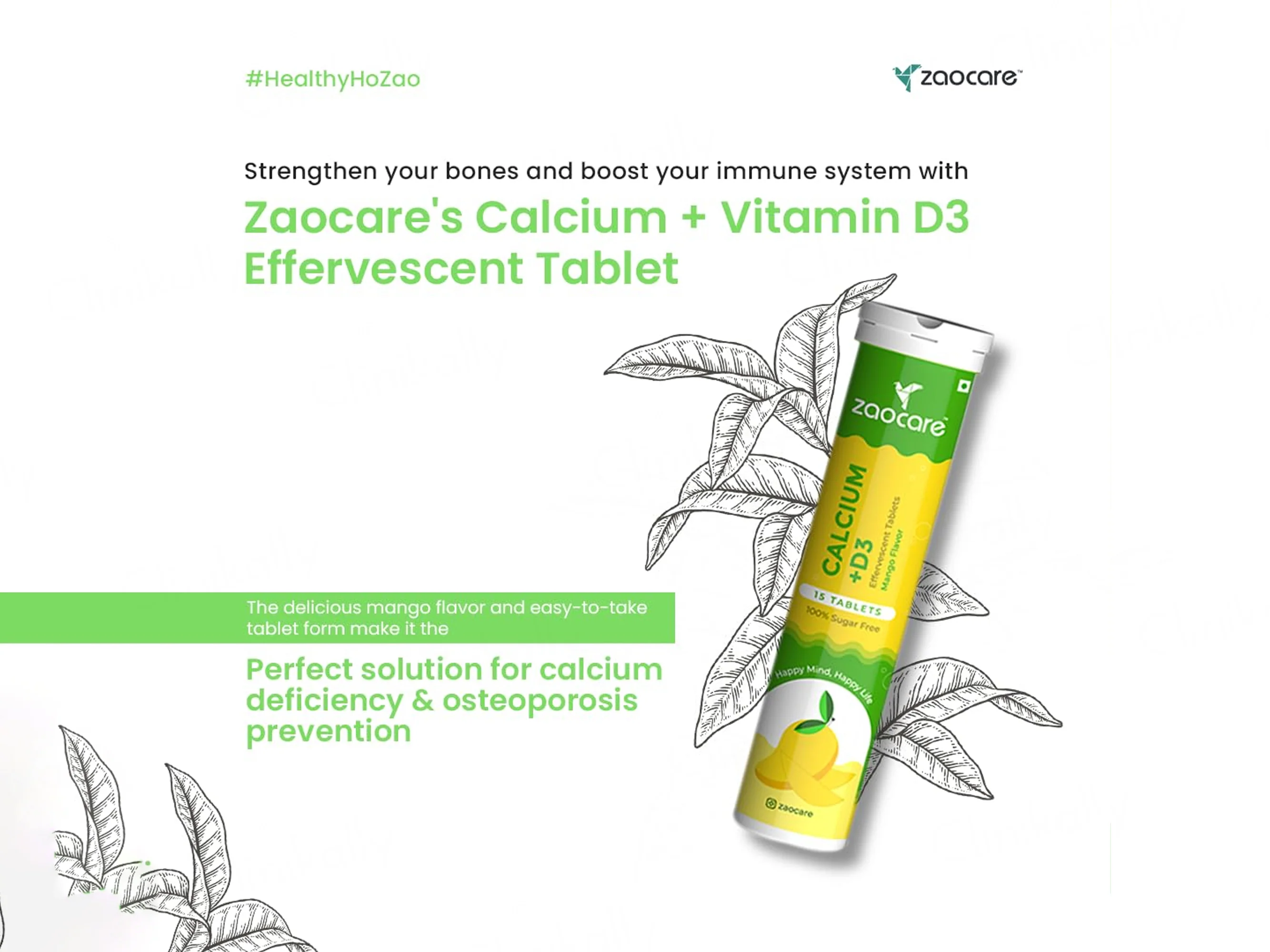 Zaocare Calcium + Vitamin D3 Effervescent Tablet - Mango Flavour - Image 3