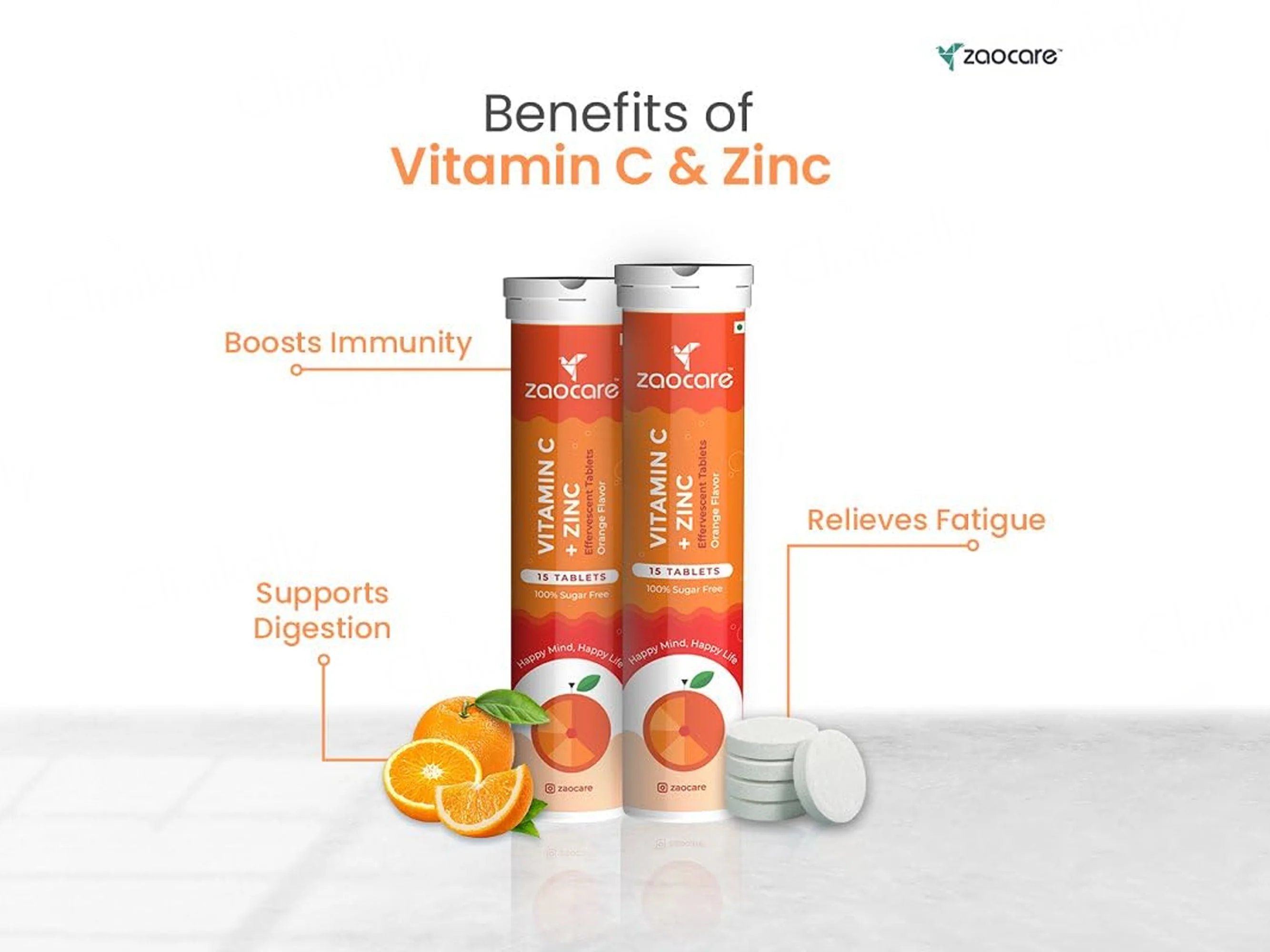 Zaocare Vitamin C + Zinc Effervescent Tablet - Orange Flavour - Image 3